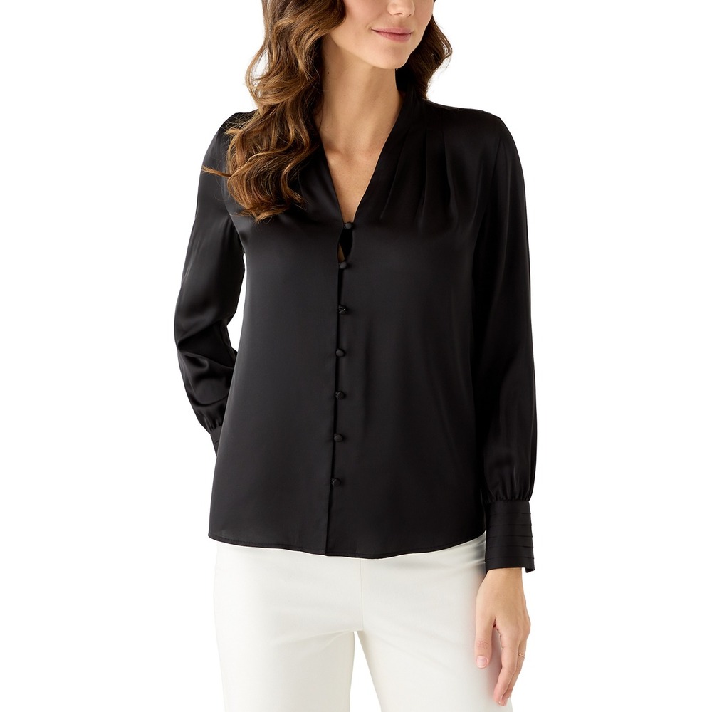 Anne Klein V-Neck Button Front Blouse w/ Pleated Cuffs Large New With Tag